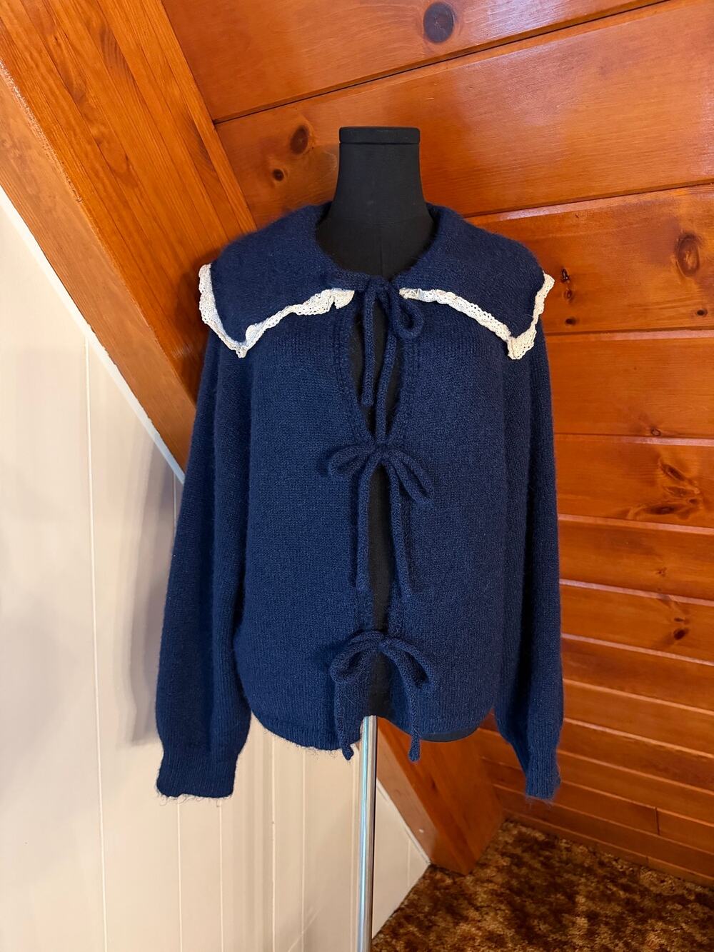 Glamorous Navy Blue Sailor Collar Tie Front Cardigan White Lace Trim Sweater szL